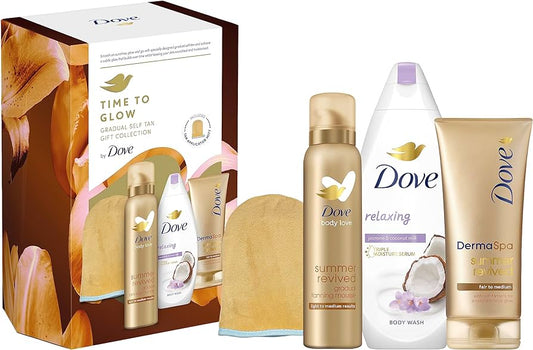 Dove 4pc Gift Set Time to Glow - 200ml tanning Mousse, 225ml Body Wash, 200ml tanning  Lotion, Loofah